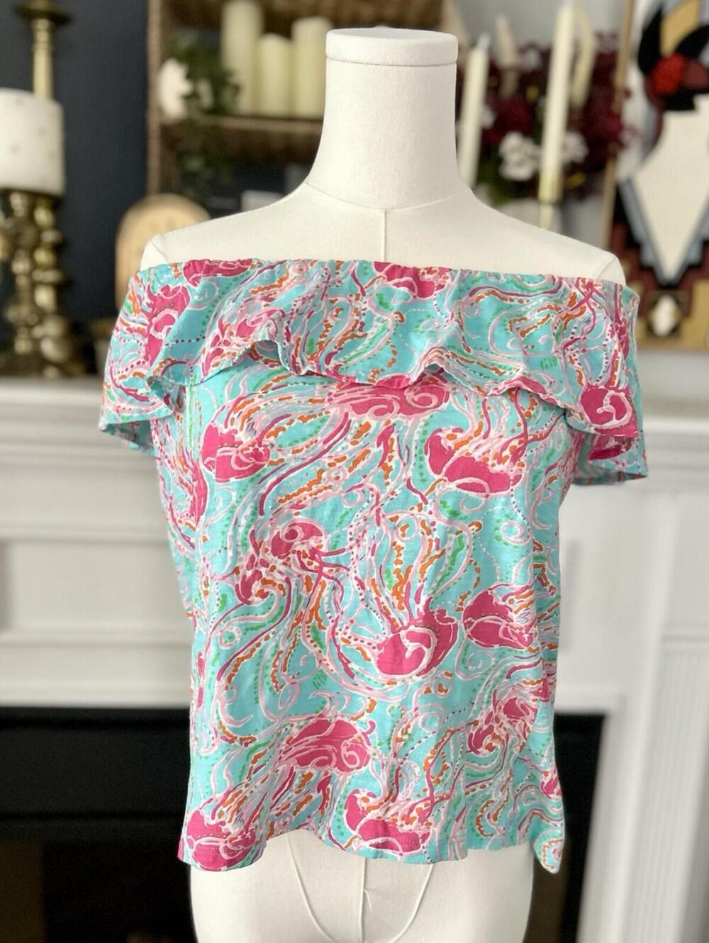 Lilly Pulitzer Wiley Jellyfish Strapless Ruffle Tube Top Blouse Size Large